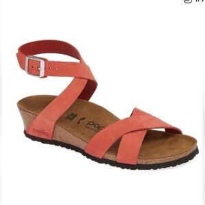 Birkenstock Lola Wedge Sandal Coral Strap Shoes Sz 38 7 Women’s Leather